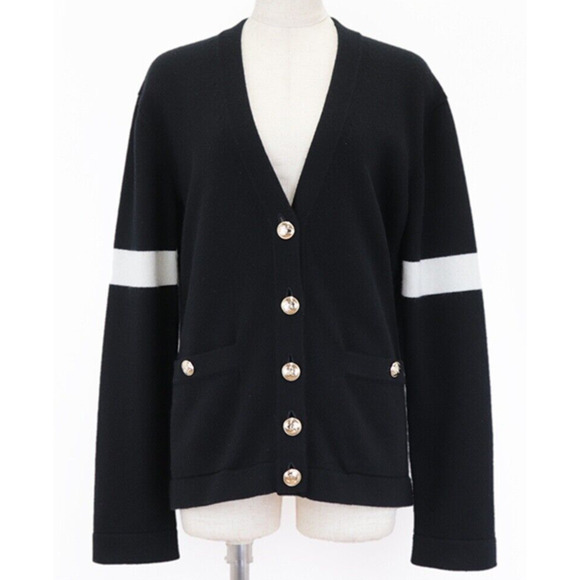 Chanel 20K Black Cashmere White Gold CC Logo Long Sleeve Cardigan Sweater 38 - Picture 1 of 16